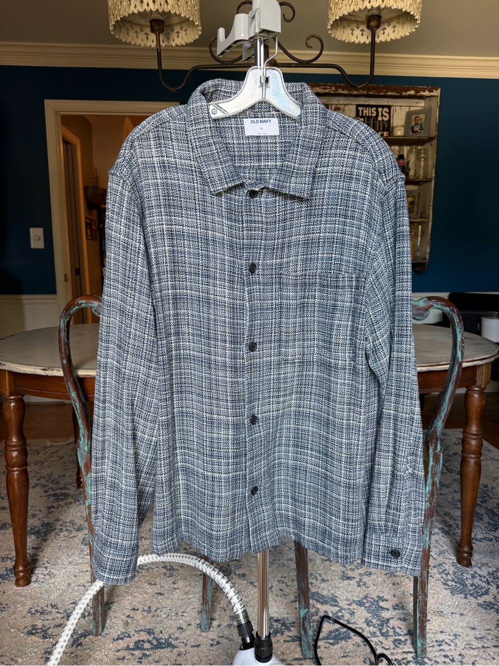 Old Navy Blue and Gray Plaid Lightweight Shirt Jacket